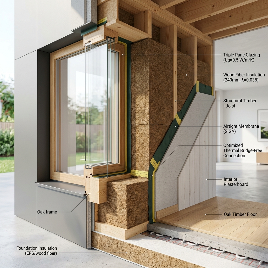 Detalle constructivo de edificio de consumo casi nulo y estándar Passivhaus